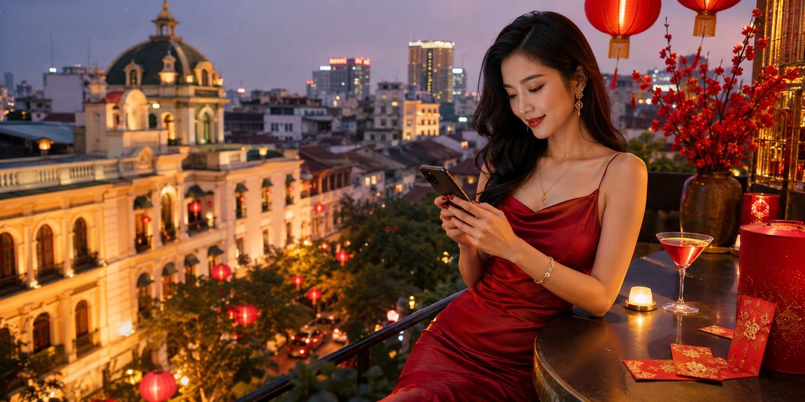 Bao lì xì đỏ và đèn lồng Hà Nội — không khí thưởng VIP dịp Tết truyền thống
